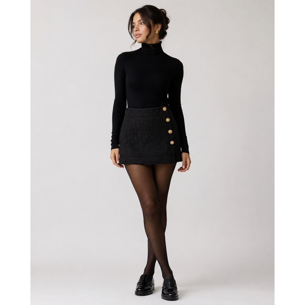Zara Tweed Mini Skirt M Black Gold Button Equestrian Heritage Prep Old Money